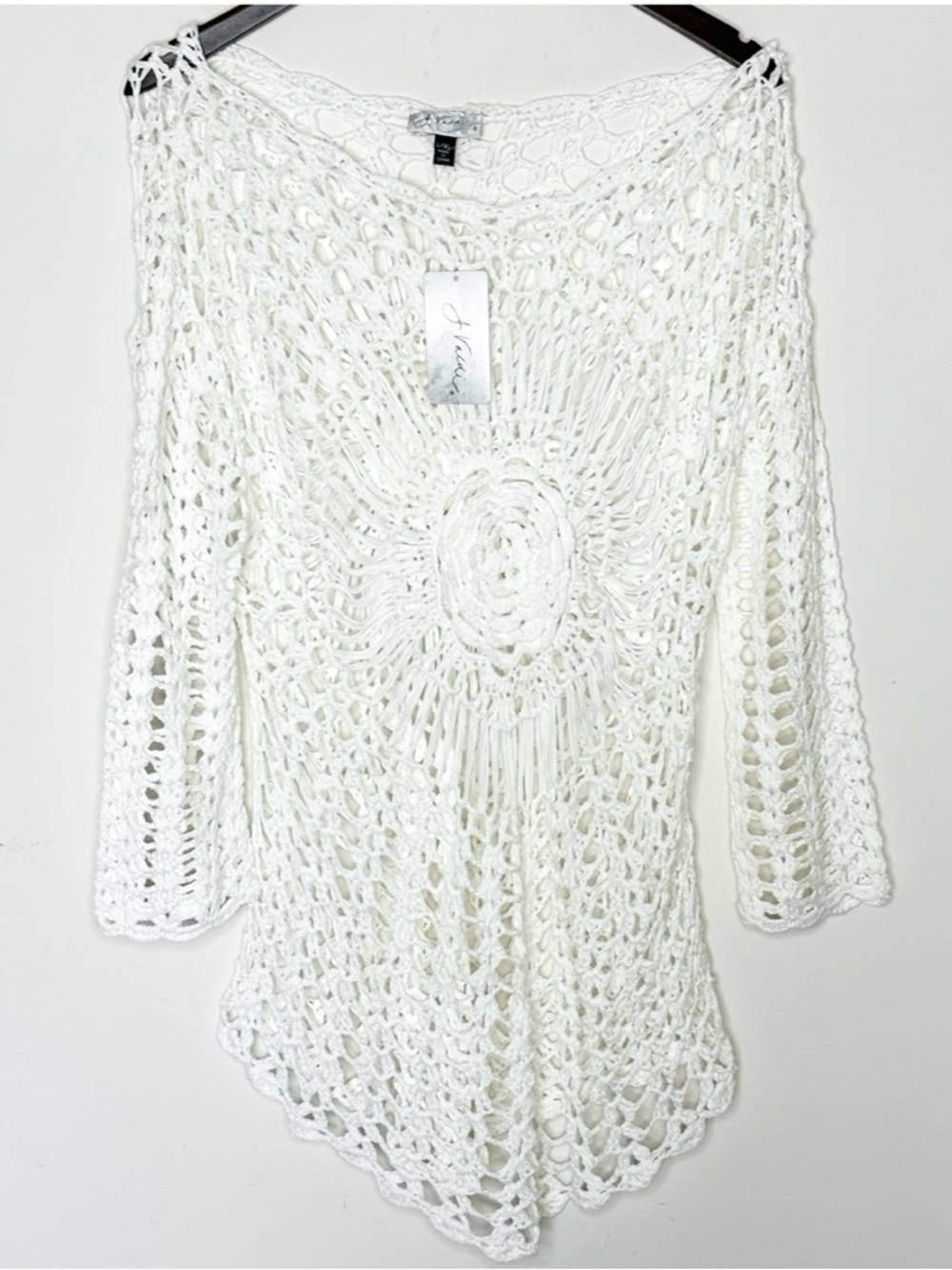 J Valdi White Open Knit Crochet Beach Coverup Boho Size L/XL